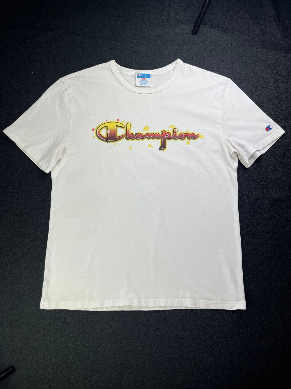 Champion Large White T-Shirt with Graphic Logo Print